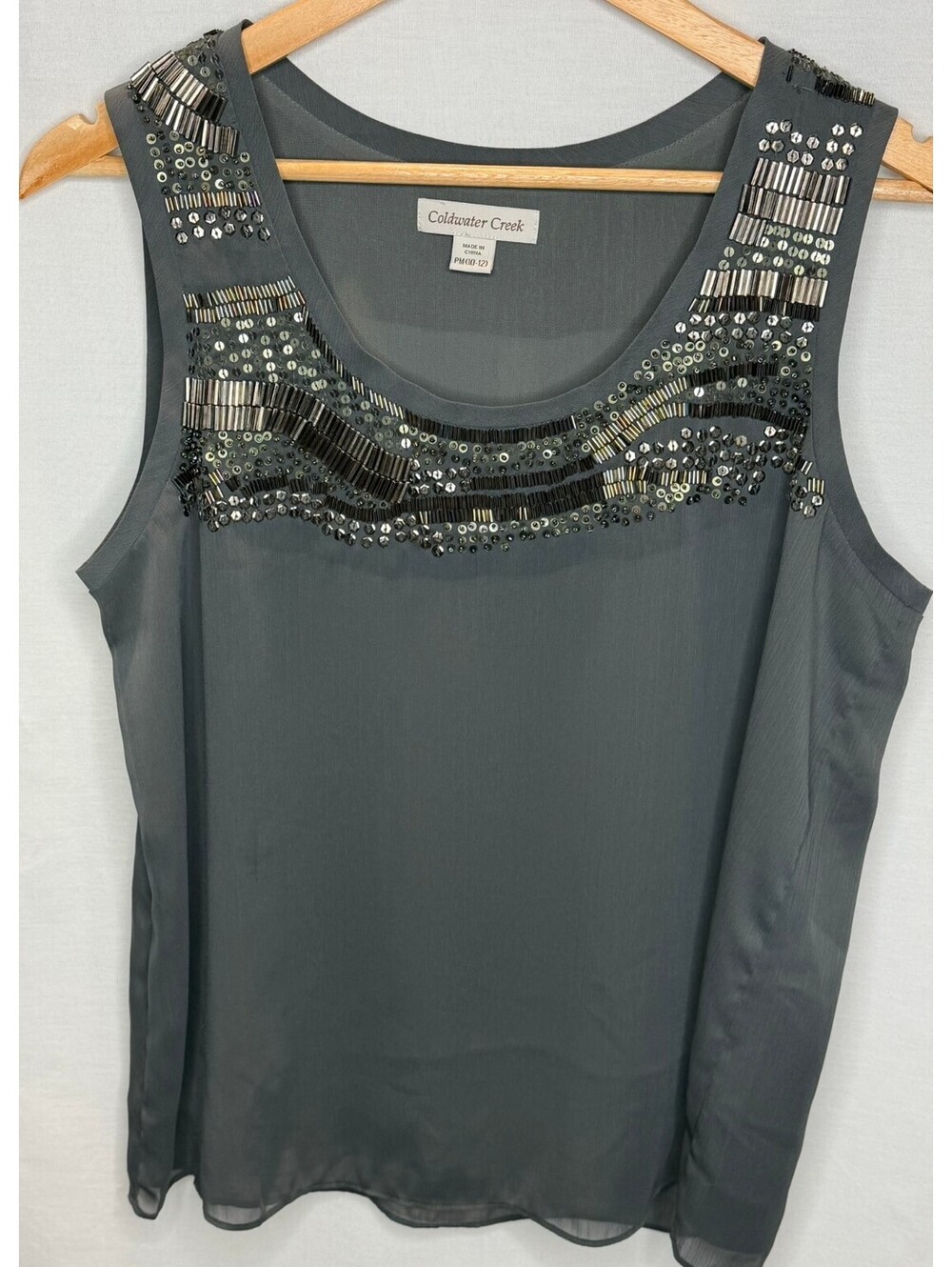 Coldwater Creek PM 10–12 Charcoal Gray Beaded Sequin Chiffon Tank Top